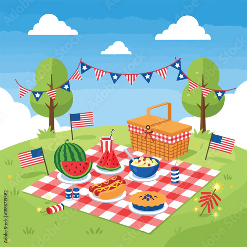A colorful illustration of a picnic scene