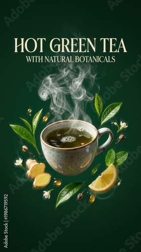 Wallpaper Mural Steaming Cup of Green Tea with Lemon and Botanicals. Torontodigital.ca
