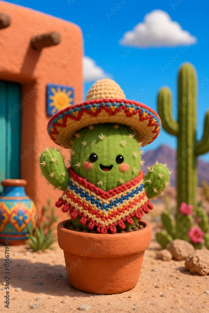 Fototapeta premium Cute Kawaii Cactus Character in Sombrero and Poncho in a Sunny Mexican Desert Landscape