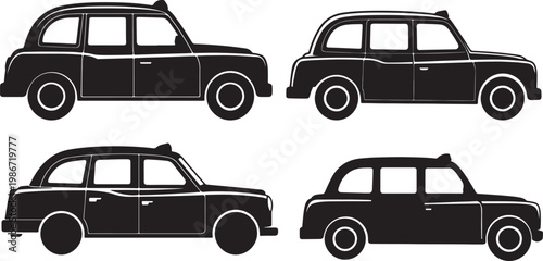 Set of Black Silhouette of Classic Taxi Cab – City Taxi Icon Vector Illustration