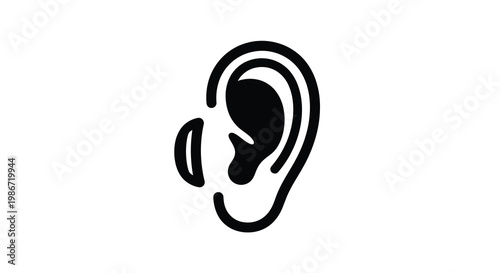 Simple black outline of a human ear depicting auditory perception and hearing