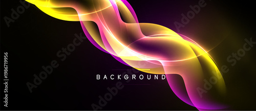 Abstract flowing shapes, vibrant colors, dynamic curves. Dark background enhances luminosity, creating modern visual effect.