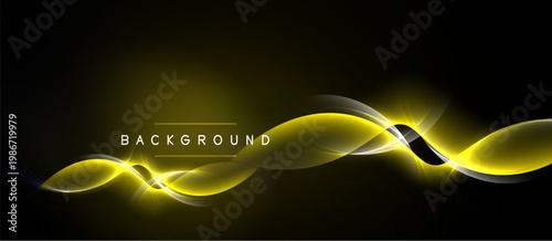 Dark background features vibrant yellow waves. Light glows emanate from curves creating dynamic visual effect. Modern design element.