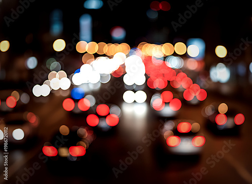 Blurry image of city traffic at night with lights