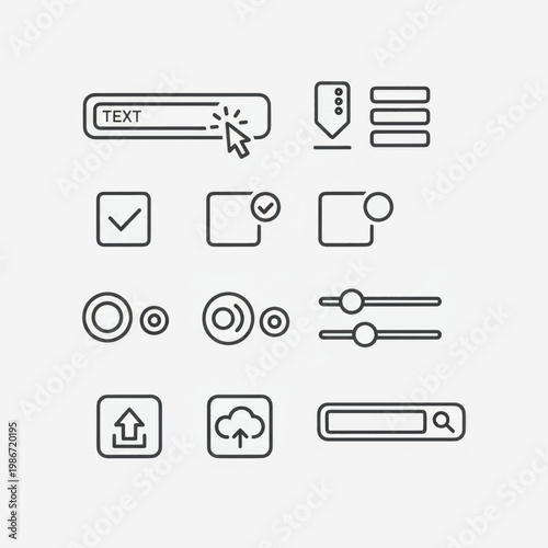 Thin line icons illustrating common user interface elements like search, sliders, checkboxes, uploads, and menus for modern digital design.