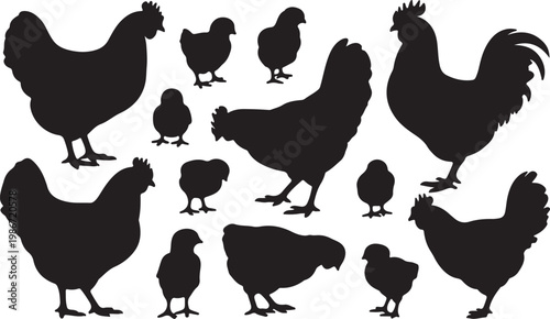 Collection of Black Chicken and Chick Silhouettes – Farm Poultry Set in Various Poses, Hen and Baby Chicken Vector Illustration