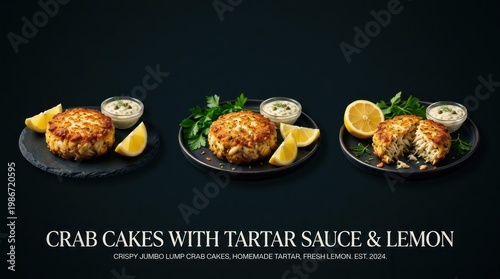 Wallpaper Mural Delicious Crab Cakes with Lemon and Tartar Sauce on Plates. Torontodigital.ca