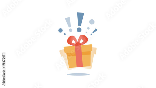 Delight present, surprise yellow gift box, birthday celebration, special give away package, loyalty program reward, wonder gift with exclamation mark, vector icon, flat illustration .