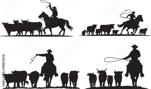 Set of Cowboy Herding Cattle Silhouette – Ranch Farm Scene, Western Lifestyle, Farming Vector Illustration