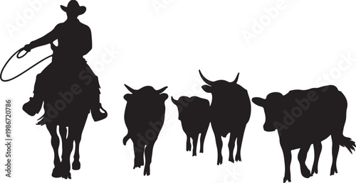 Cowboy Herding Cattle Silhouette – Ranch Farm Scene, Western Lifestyle, Farming Vector Illustration