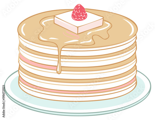 Delicious stack of fluffy pancakes with syrup butter and a raspberry on top served on a plate