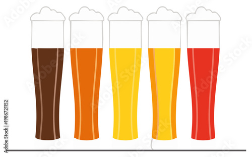 Illustration of beer glass varieties featuring different shades of foamy beverage.