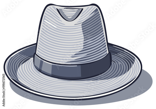 Vintage Trilby Hat Illustration in Blue Gray and White with a Ribbon