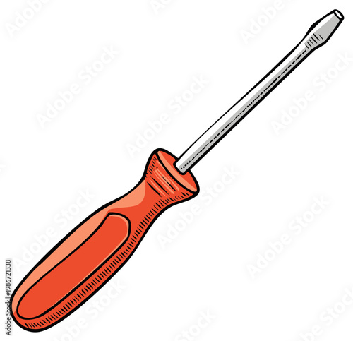 Hand drawn illustration of a flathead screwdriver with an orange handle