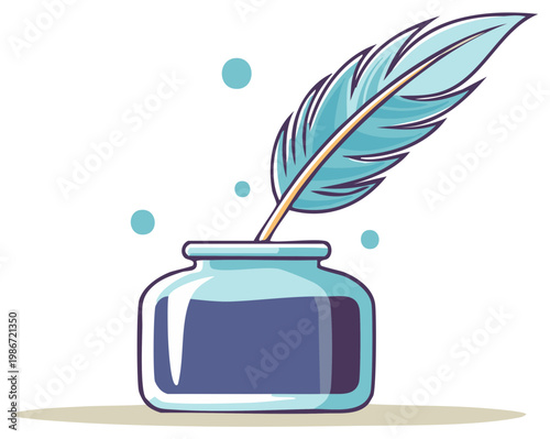 Creative Writing Concept with Blue Feather Quill and Ink Pot Illustration