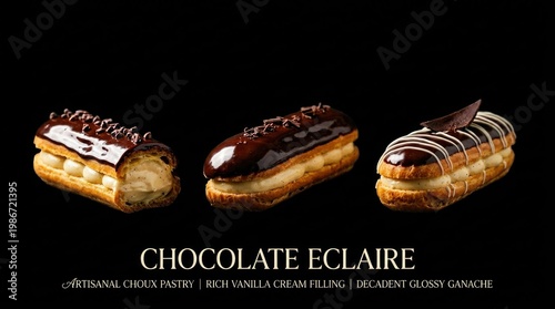 Wallpaper Mural Delicious Chocolate Eclairs on Black Background, Gourmet Dessert. Torontodigital.ca