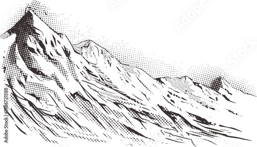 Dramatic Mountain Range Landscape with Halftone Dots and Sketchy Lines peak summit