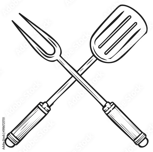 Crossed Barbecue Utensils Spatula and Meat Fork Stylized Illustration for Grilling