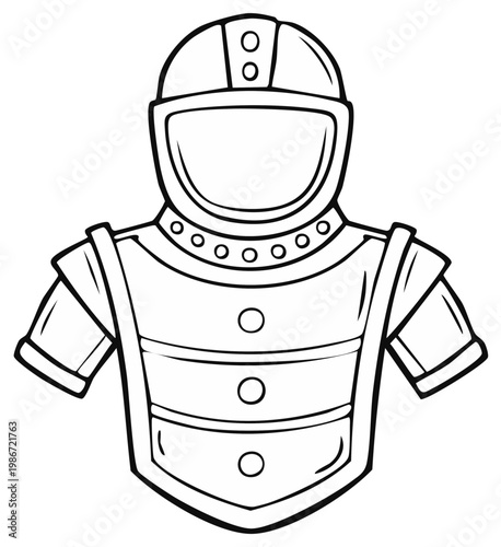 Cartoon line art of a medieval knight suit of armor with a helmet and breastplate