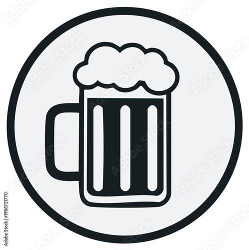 Mug of beer in a circular emblem, a symbol for drink and cheers, minimalist vector illustration