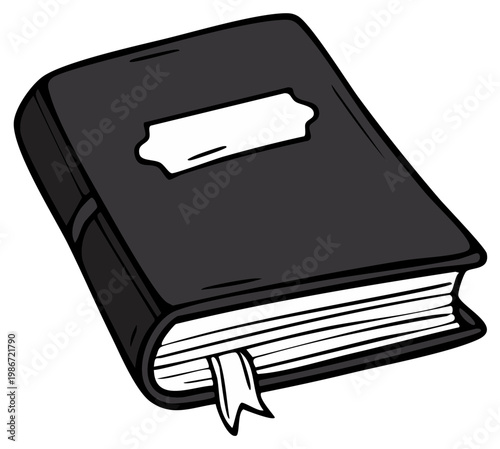 Closed dark gray hardbound book with a blank label on the cover and a bookmark