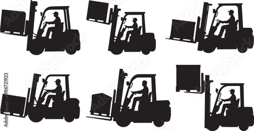 Set of Forklift Operator Lifting Crate Silhouette – Warehouse Logistics, Industrial Material Handling Vector Illustration