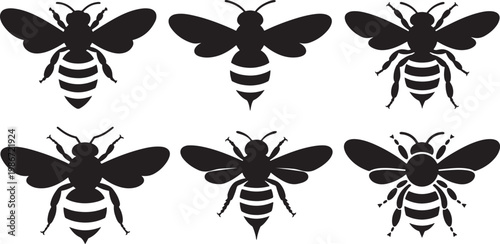 Set of Black and White Bee Silhouette – Flying Honeybee Insect, Pollination Nature Vector Illustration