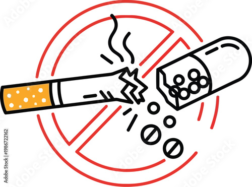 Broken cigarette combined with a medicine capsule inside a prohibition symbol representing the successful choice to quit harmful smoking habits