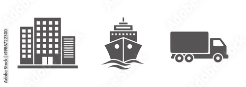 Three dark gray depicting buildings a ship and a truck transport logistics