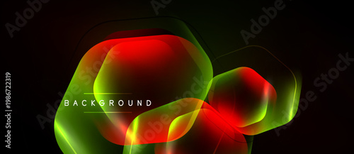 Neon shapes overlap, creating vibrant red, green glow. Dark background emphasizes luminosity, modern design element.