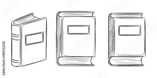 Three hand drawn style books in different orientations white education knowledge