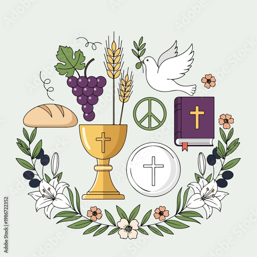 A colorful illustration of Christian communion elements and symbols