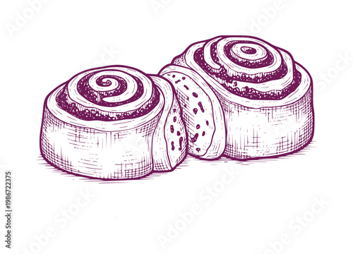Two hand drawn purple cinnamon rolls with visible filling pastry sweet baked