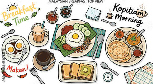 Malaysian Breakfast Kopitiam Food Top View, Illustration Doodle Cartoon Collection