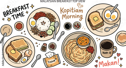 Malaysian Breakfast Kopitiam Food Top View, Illustration Doodle Cartoon Collection
