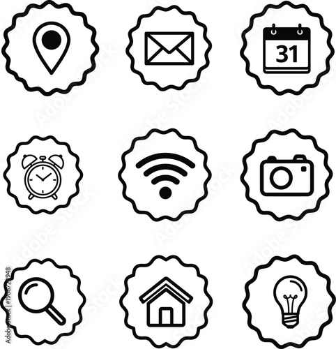 black and white line icons set of nine elements for web and mobile design