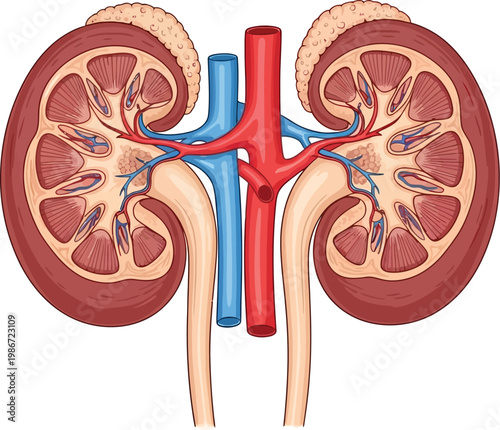 Diagram of the human kidney and its internal blood vessel structure isolated on transparent background