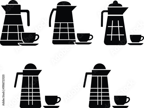 Black silhouettes of coffee makers and cups on white background