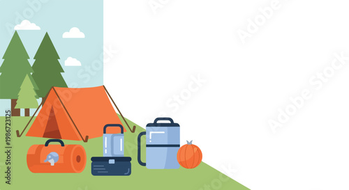 An outdoor camping scene with an orange tent, sleeping bag, and various gear on a green landscape against a backdrop of pine trees and clouds.