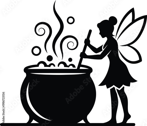black silhouette of fairy stirring bubbling cauldron with steam and swirls rising