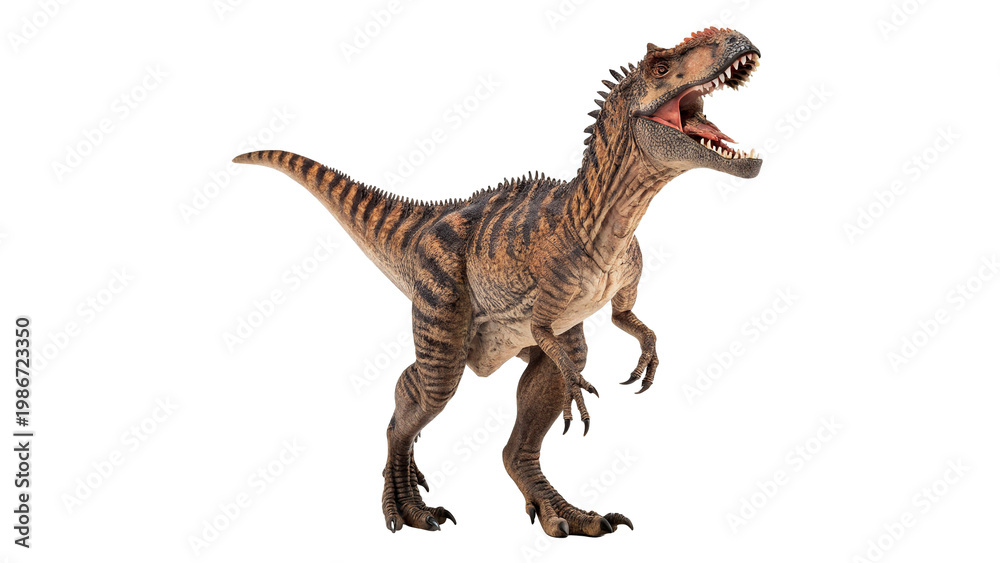 Naklejka premium Dinosaur model stands tall with open mouth isolated on transparent background cut out