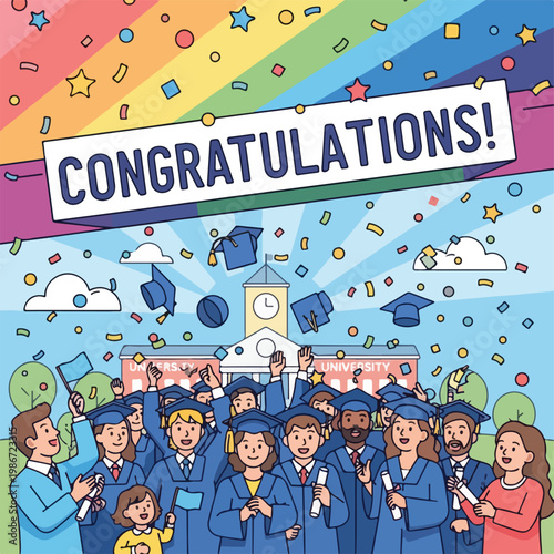 A colorful illustration of graduates celebrating