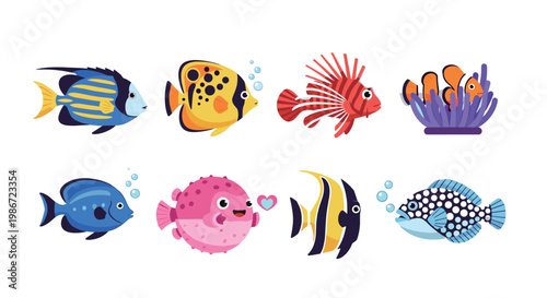 Colorful Tropical Fish Collection with Various Species such as Clownfish, Lionfish, Pufferfish and Angel Fish for Aquarium and Marine Life Design