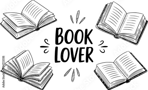Hand-drawn black and white open books arranged around the phrase "book lover reading