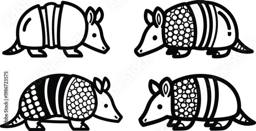 Four armadillos with different shell patterns walking in various directions