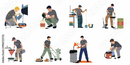 Set of auto mechanics performing various oil change and waste disposal tasks in a garage workshop, featuring draining, pouring, and filtering engine oil.