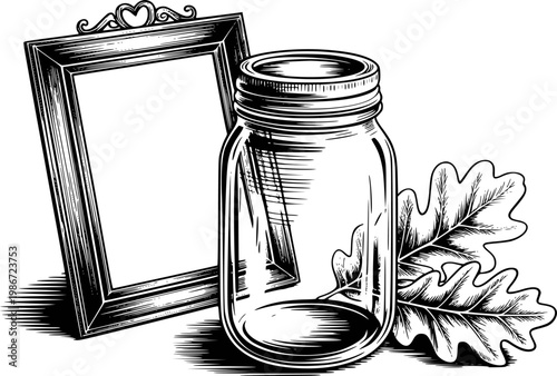 Vintage etched of an empty glass mason jar next to an ornate frame and oak leaves