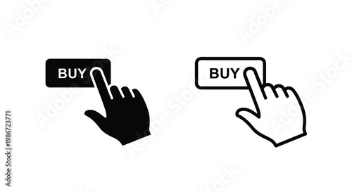 Two depictions of a hand pressing a buy button in color and monochrome