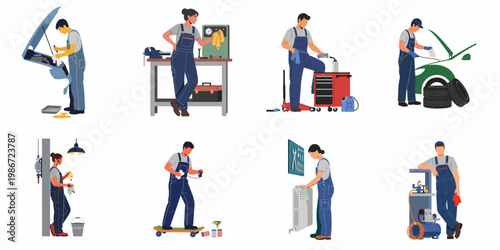 Collection of professional auto mechanics performing various repair and maintenance tasks in a garage workshop, flat vector illustration on white background.