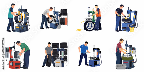Set of Illustrations Depicting Professional Mechanics Using Tire Changing Machines in an Automotive Service Center